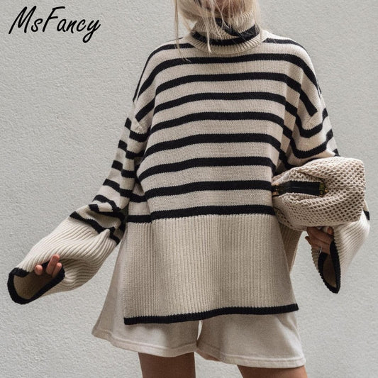 Striped Turtleneck Oversized Pullover