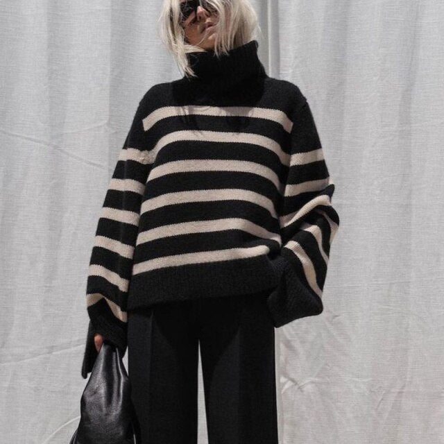 Striped Turtleneck Oversized Pullover