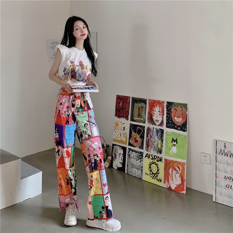 Two Piece Cartoon Sleeveless Top + Long Pants