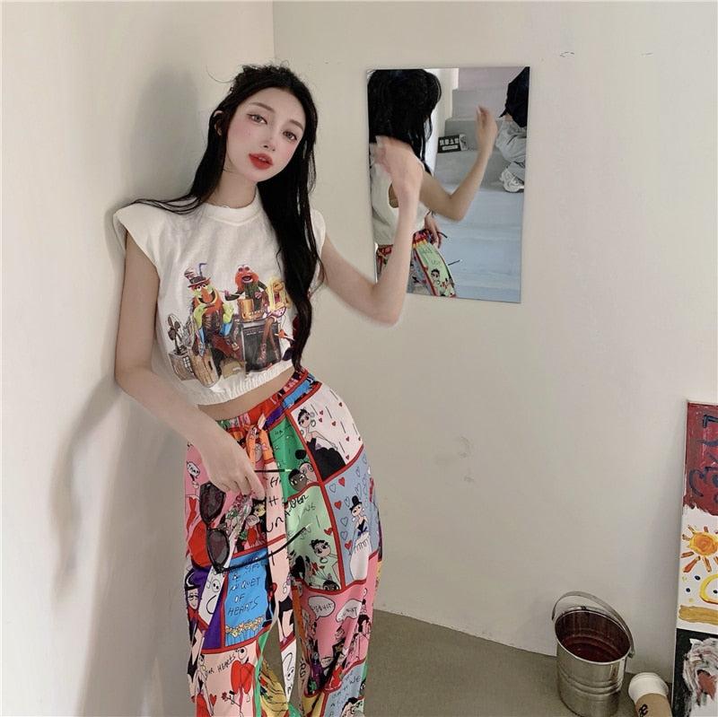 Two Piece Cartoon Sleeveless Top + Long Pants