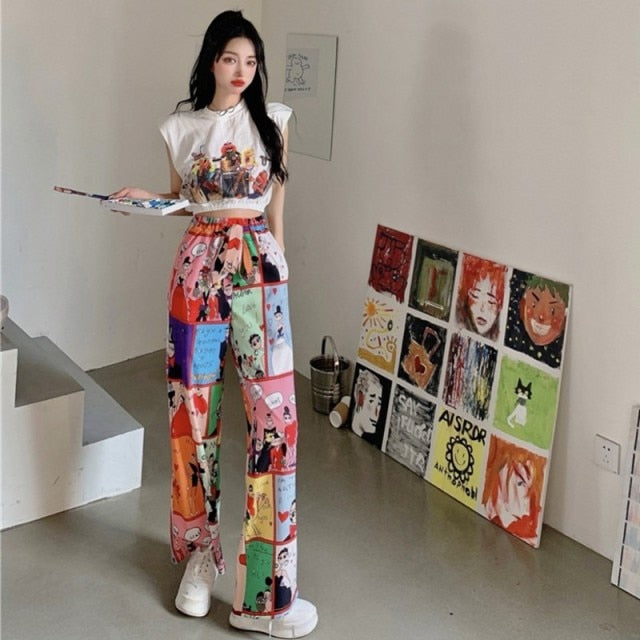 Two Piece Cartoon Sleeveless Top + Long Pants