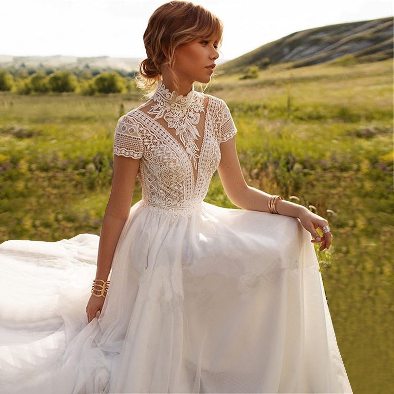 Vintage Boho Lace Cap Sleeve Wedding Dress