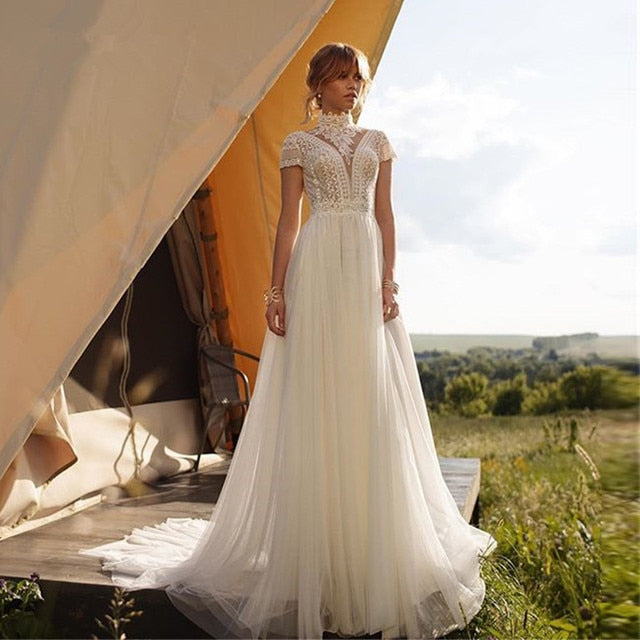 Vintage Boho Lace Cap Sleeve Wedding Dress