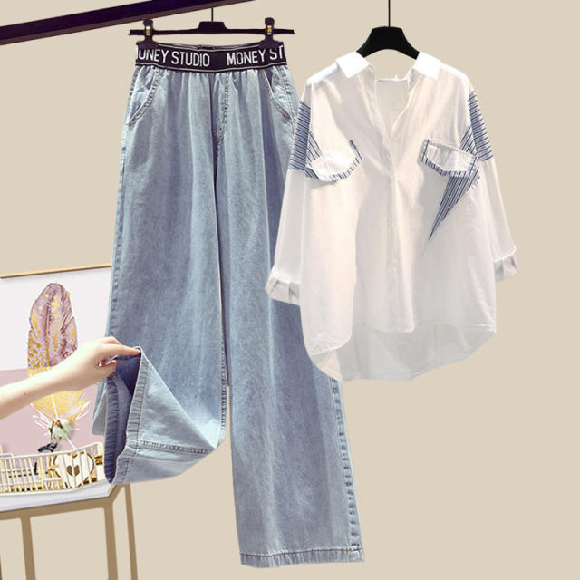 3pc- Shirt+Vest+High Waist Denim Pants