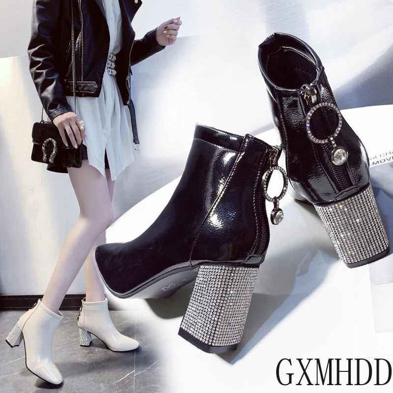 Square Toe Rhinestone Chunky Heel Booties