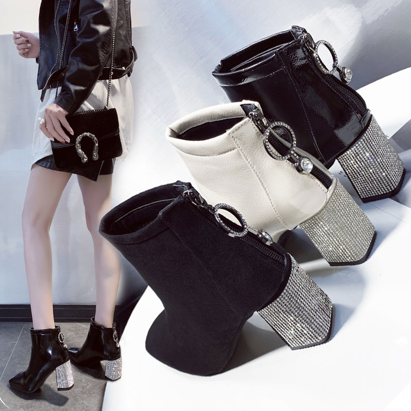 Square Toe Rhinestone Chunky Heel Booties