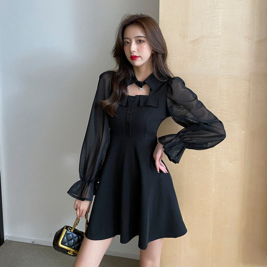 Mesh Polo Collar Long Sleeve Dress