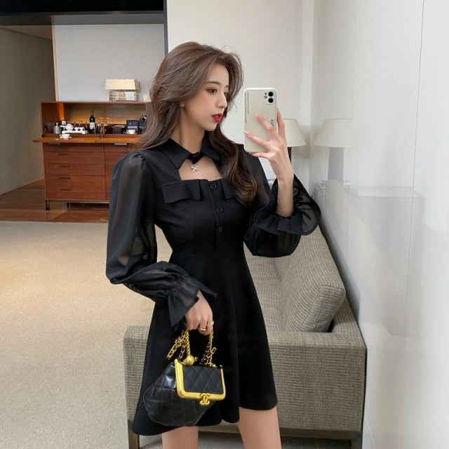 Mesh Polo Collar Long Sleeve Dress