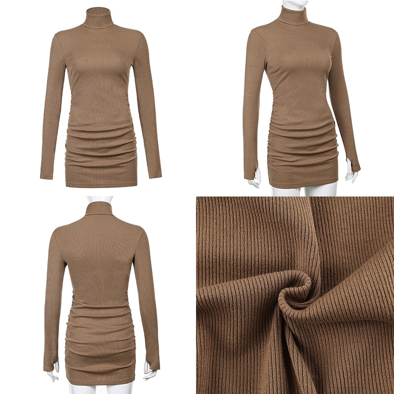 Winter Ribbed Knit Turtleneck Bodycon Dress