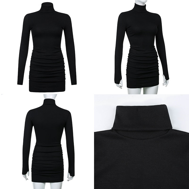 Winter Ribbed Knit Turtleneck Bodycon Dress