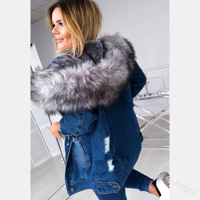 Fluffy Faux Fur Collar Hooded Denim Jacket