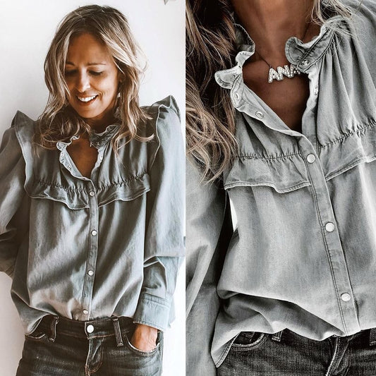 Grey Denim Vintage Ruffled Blouse