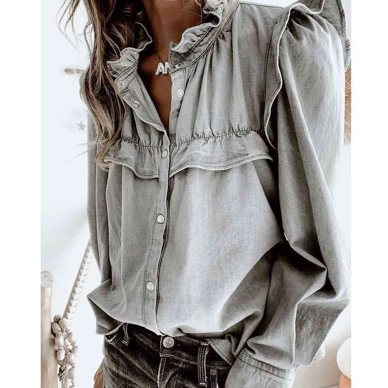 Grey Denim Vintage Ruffled Blouse