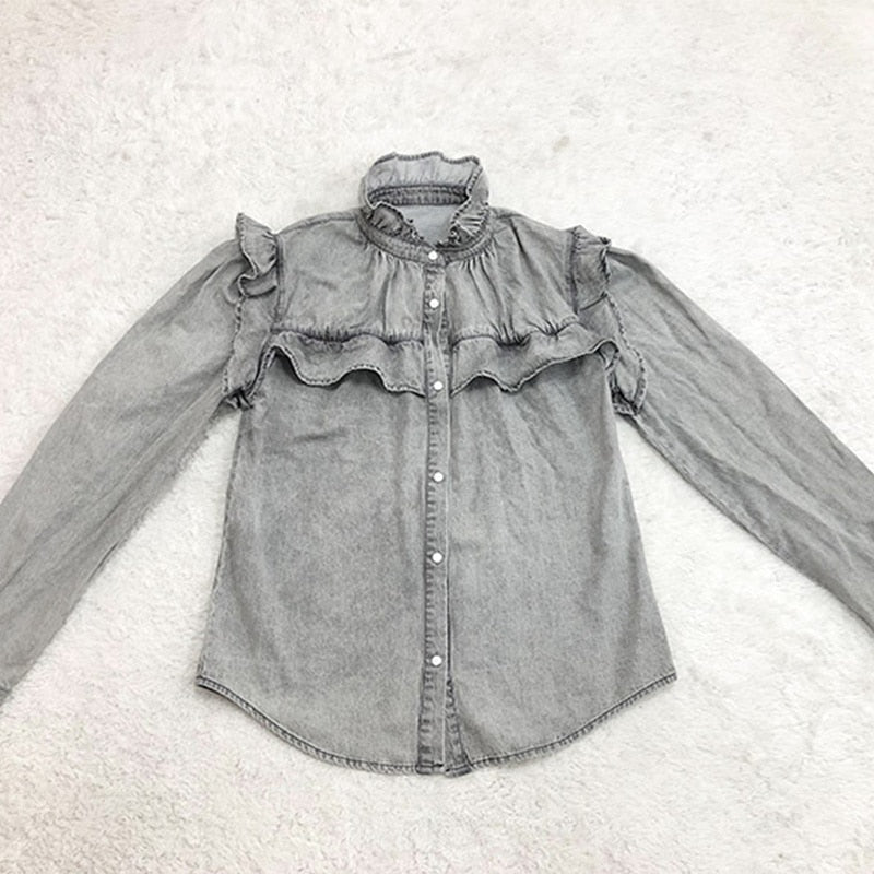 Grey Denim Vintage Ruffled Blouse