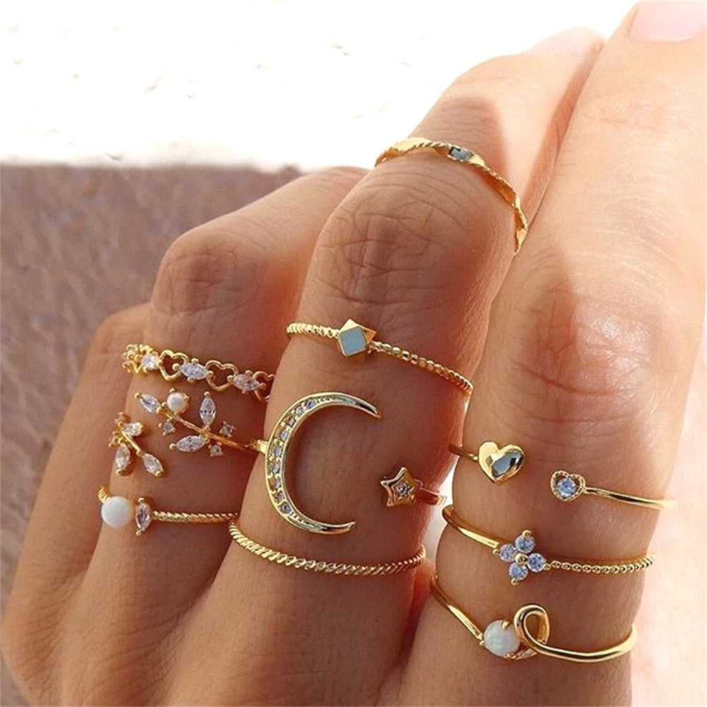 Bohemian Gold Chain Rings Set