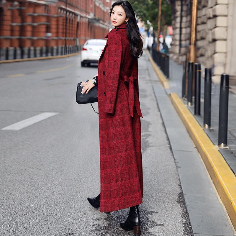 Long Plaid Wool Trench Coat