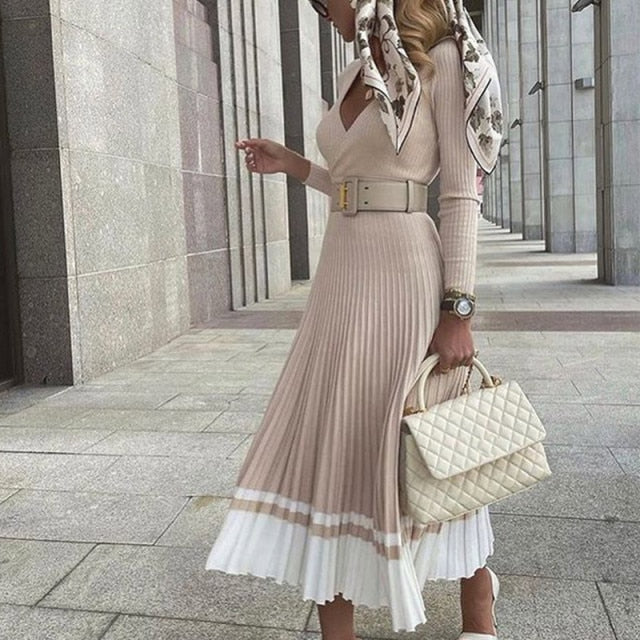 Knitted Pleated V-Neck Sweater Dress