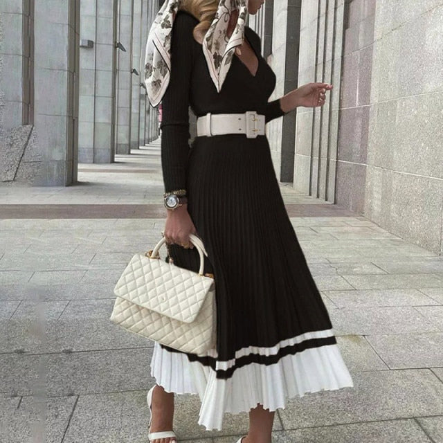 Knitted Pleated V-Neck Sweater Dress