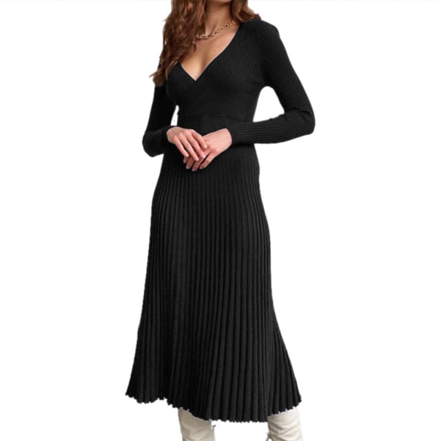 Knitted Pleated V-Neck Sweater Dress