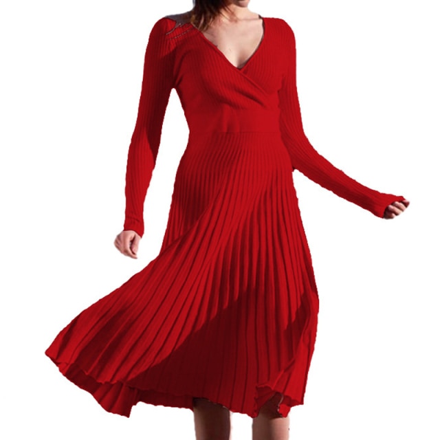 Knitted Pleated V-Neck Sweater Dress