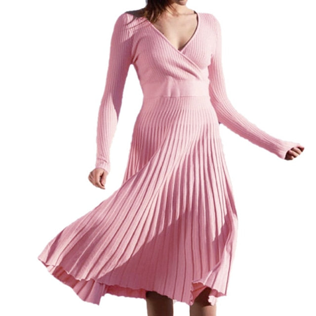 Knitted Pleated V-Neck Sweater Dress