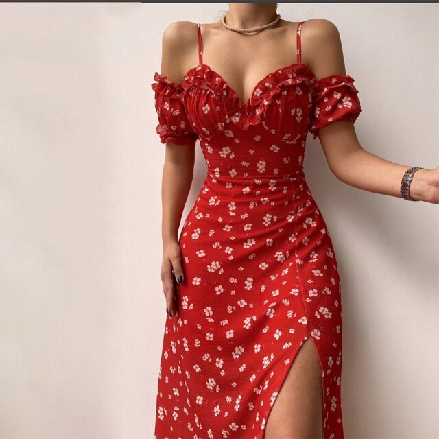 Floral V neck Spaghetti Strap Dress