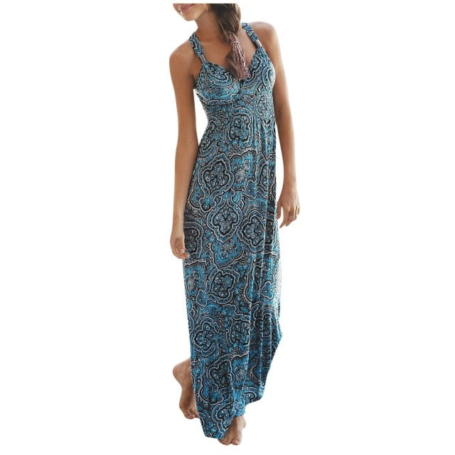 Short Sleeve Cold Boho Flower Print Long Dress