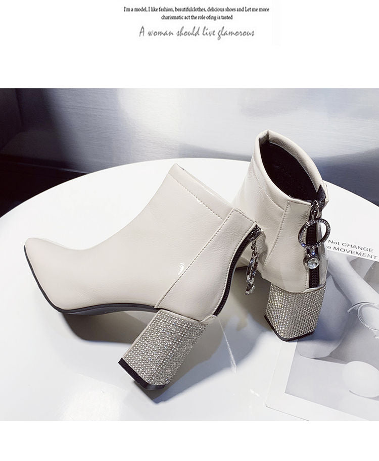 Square Toe Rhinestone Chunky Heel Booties