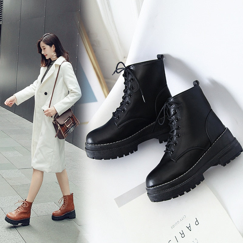 Platform Martin Lace Up Combat PU Leather Booties