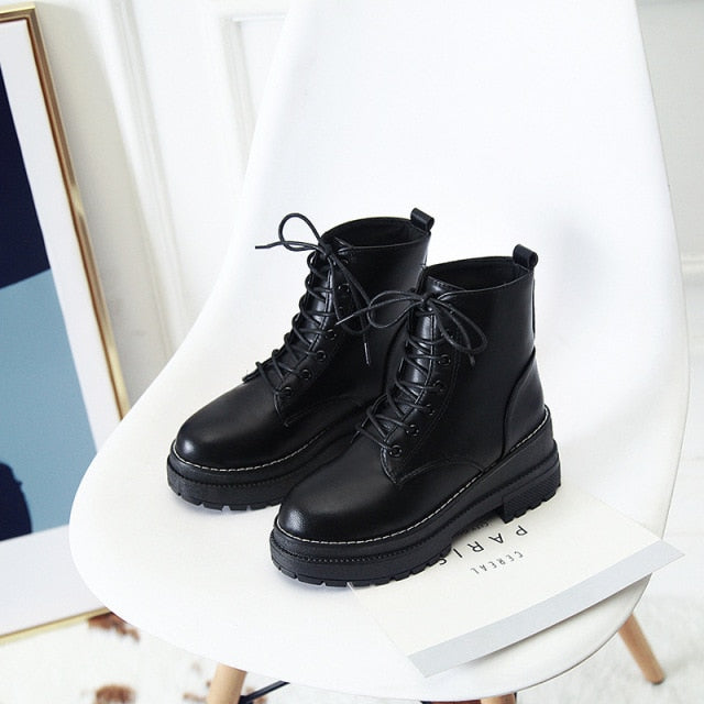 Platform Martin Lace Up Combat PU Leather Booties