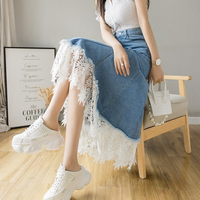 Lace Mid-calf Denim Skirt