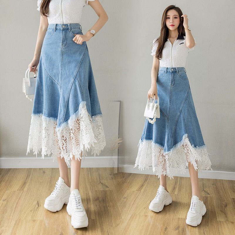 Lace Mid-calf Denim Skirt