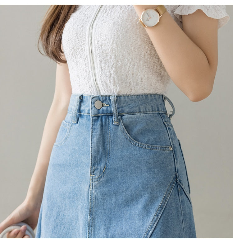 Lace Mid-calf Denim Skirt