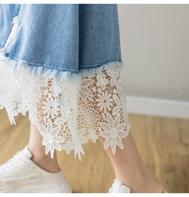 Lace Mid-calf Denim Skirt