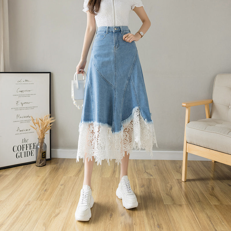 Lace Mid-calf Denim Skirt