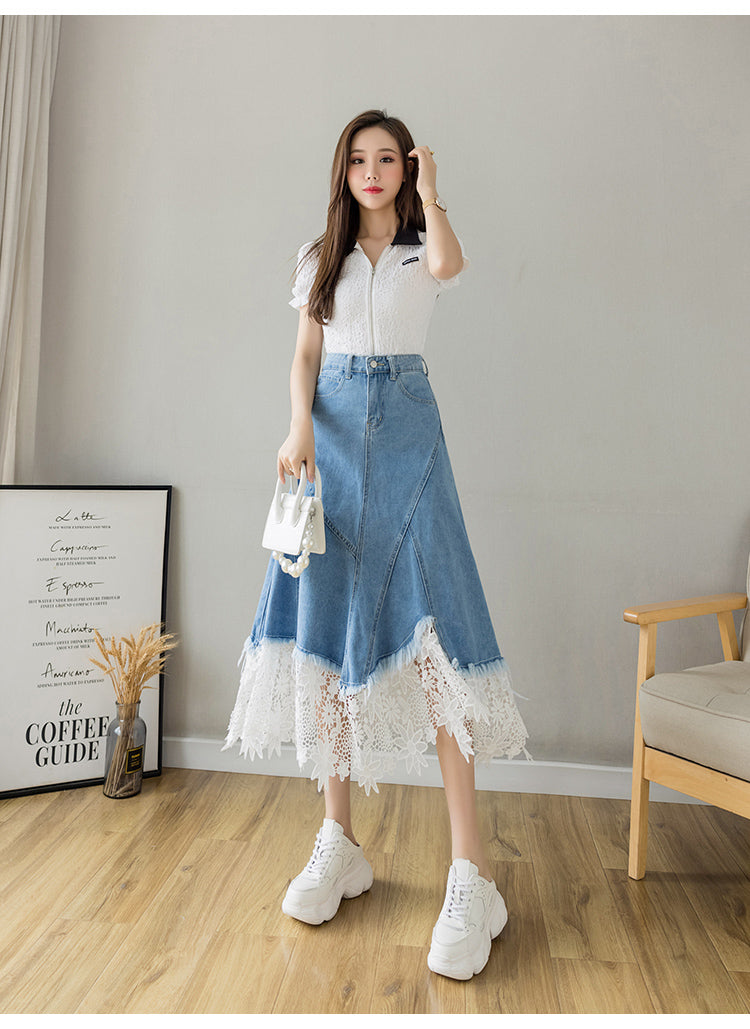 Lace Mid-calf Denim Skirt