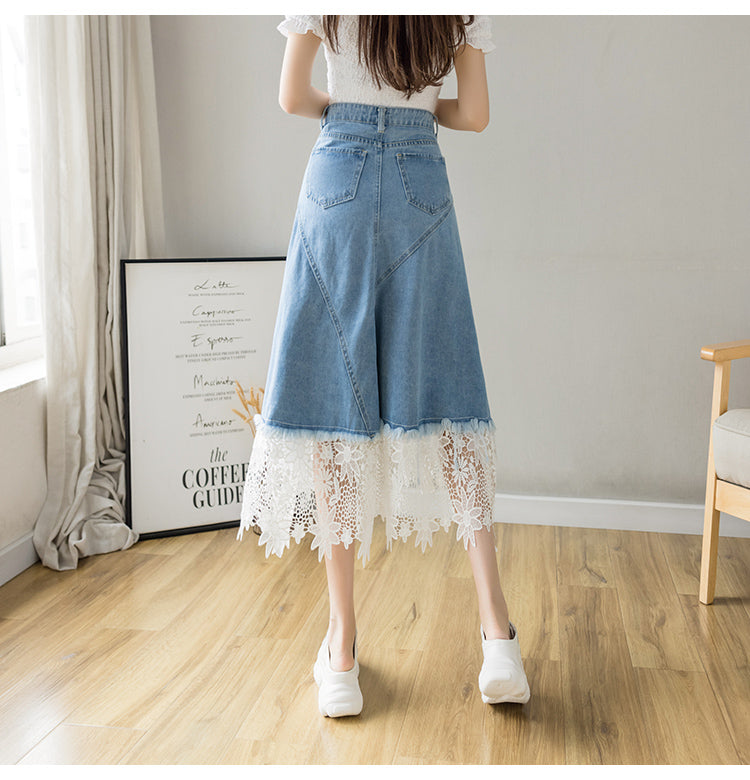 Lace Mid-calf Denim Skirt