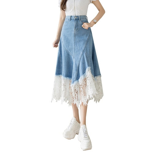 Lace Mid-calf Denim Skirt