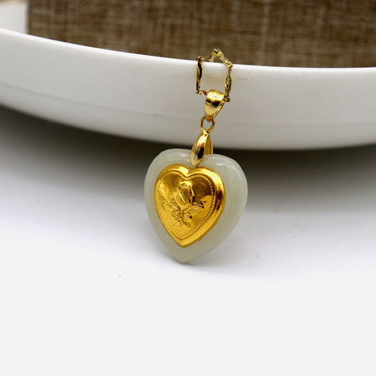 Certified 24k Gold Heart Rose Flower Hetian Jade Pendant