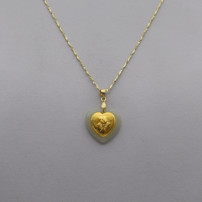 Certified 24k Gold Heart Rose Flower Hetian Jade Pendant