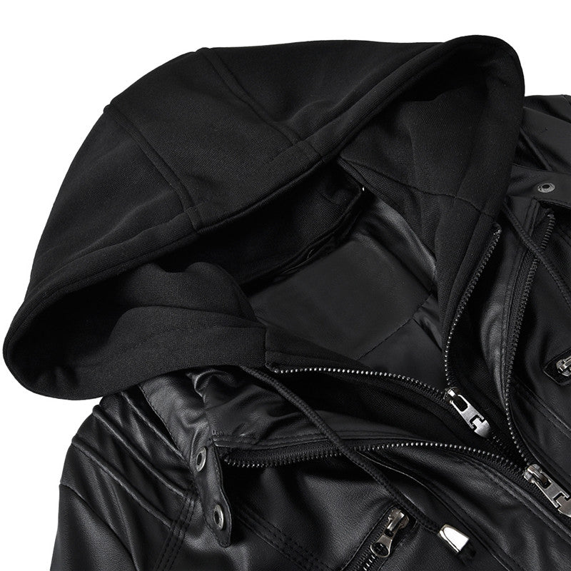 Hooded Faux Leather Motorcycle Jacket