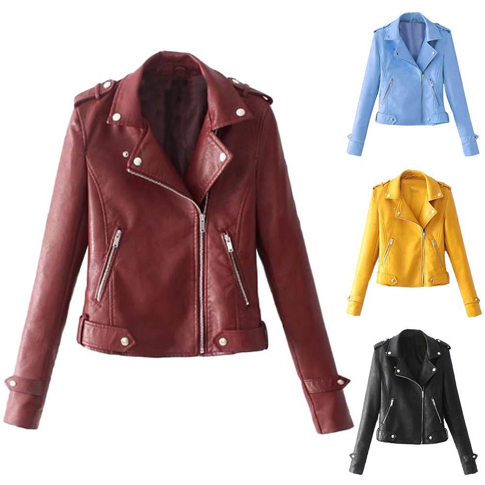 Solid Faux Leather Lapel Motorcycle Jacket