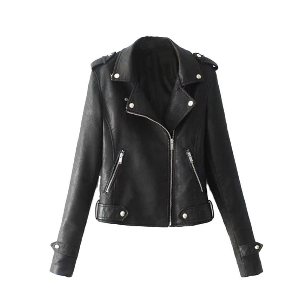 Solid Faux Leather Lapel Motorcycle Jacket