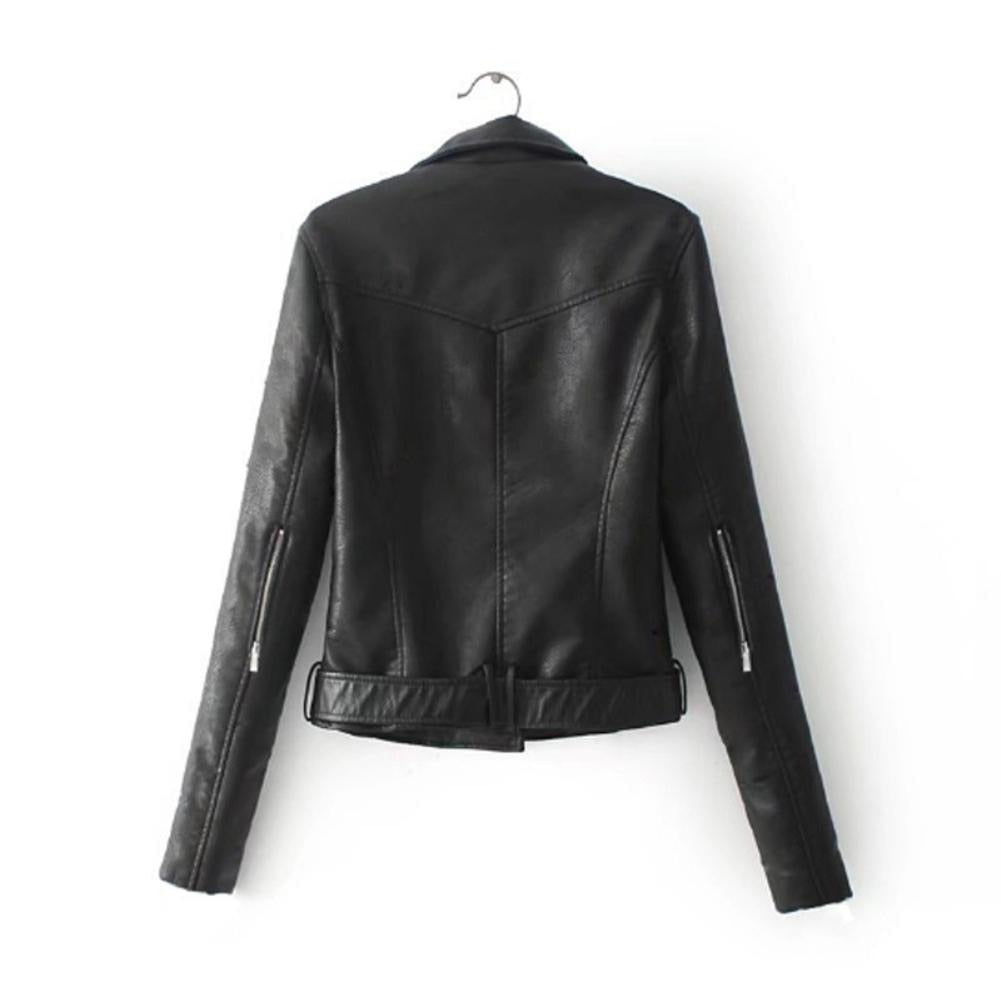 Solid Faux Leather Lapel Motorcycle Jacket