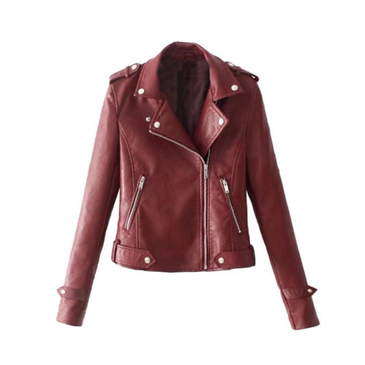 Solid Faux Leather Lapel Motorcycle Jacket