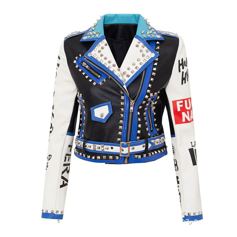 Graffiti Moto Jacket Faux Leather with Belt