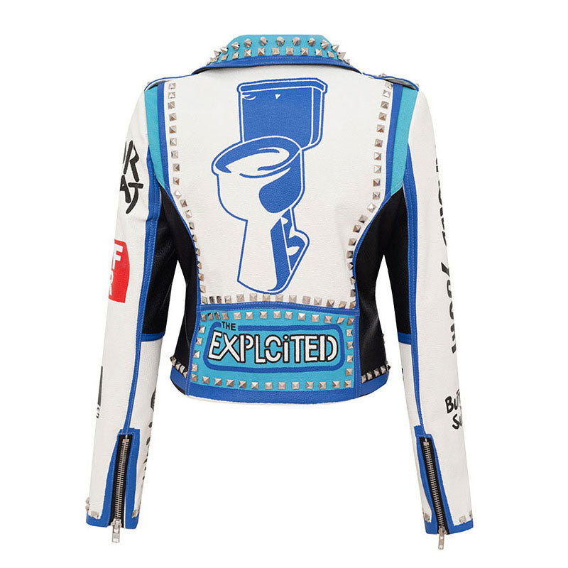 Graffiti Moto Jacket Faux Leather with Belt