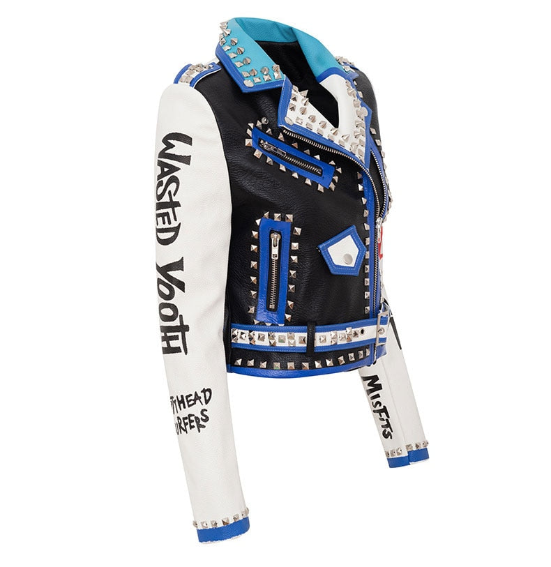 Graffiti Moto Jacket Faux Leather with Belt