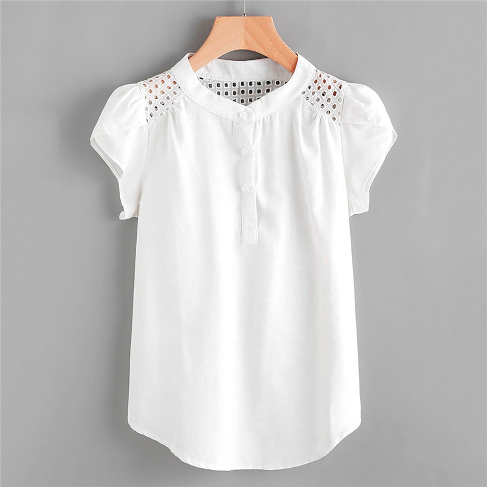 Eyelet Hollow Out Blouse Cap Sleeve