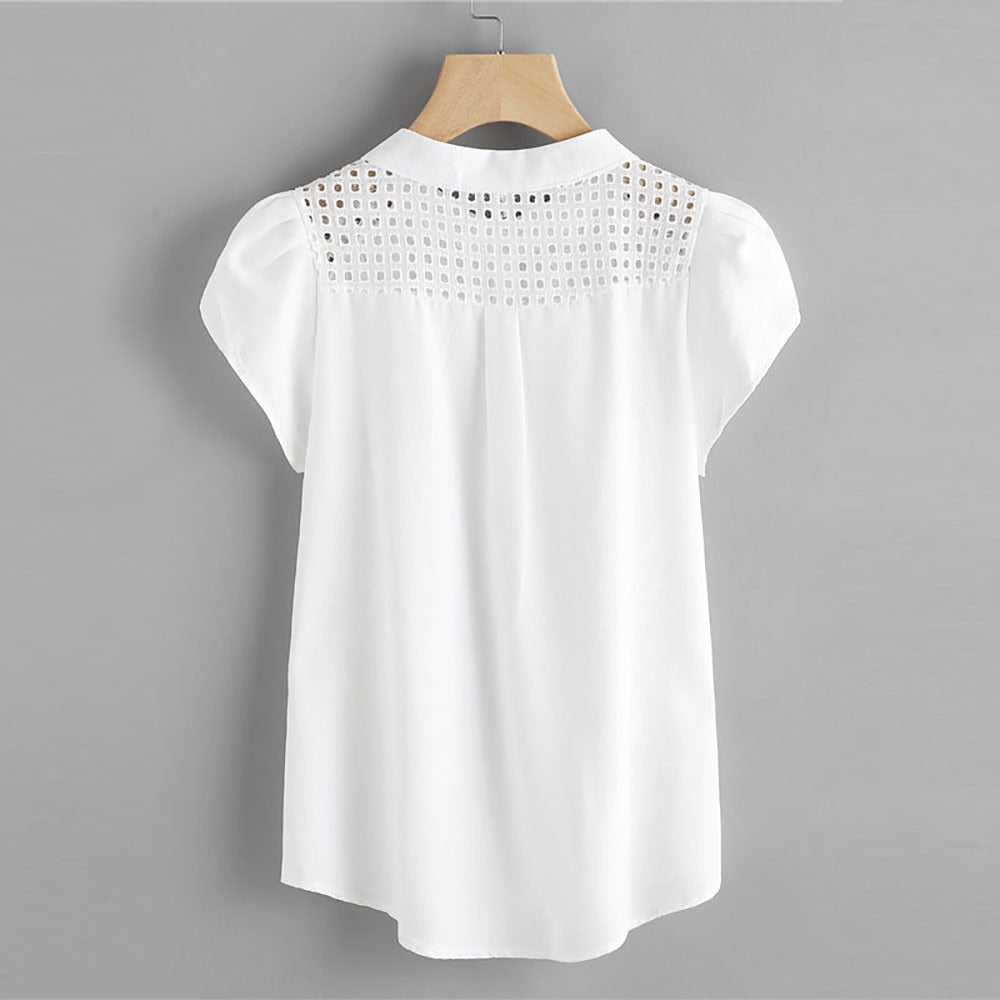 Eyelet Hollow Out Blouse Cap Sleeve